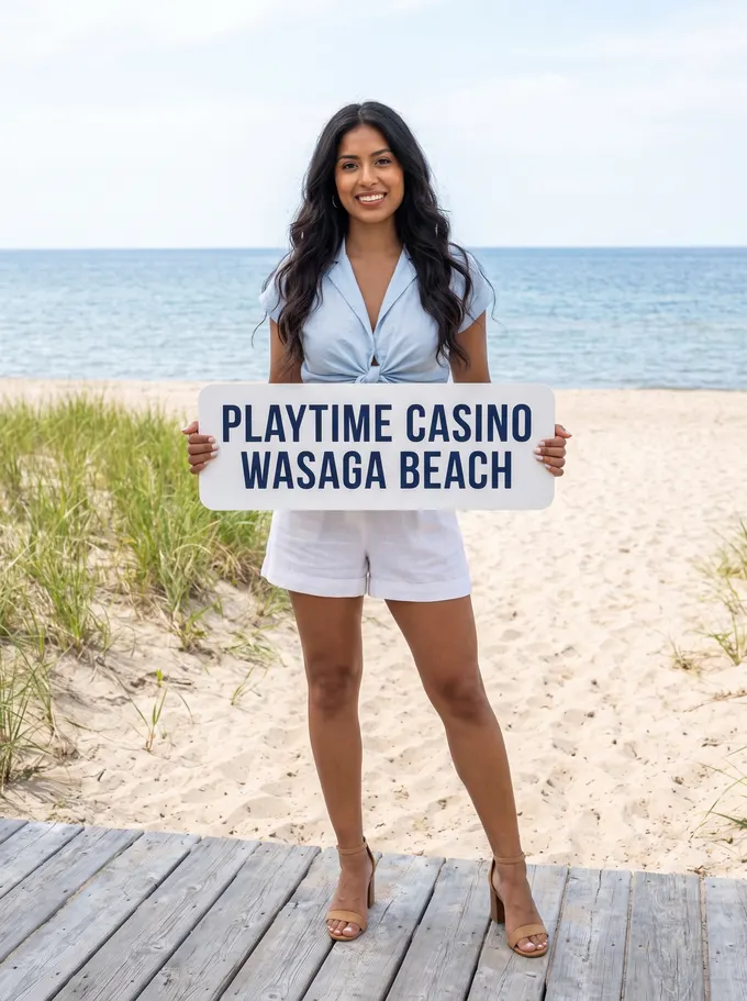 A young woman with long dark wavy hair, in white linen shorts and a pale-blue knotted blouse, stands on a boardwalk at a sandy beach in summer, holding a sign that reads Playtime Casino, Wasaga Beach.