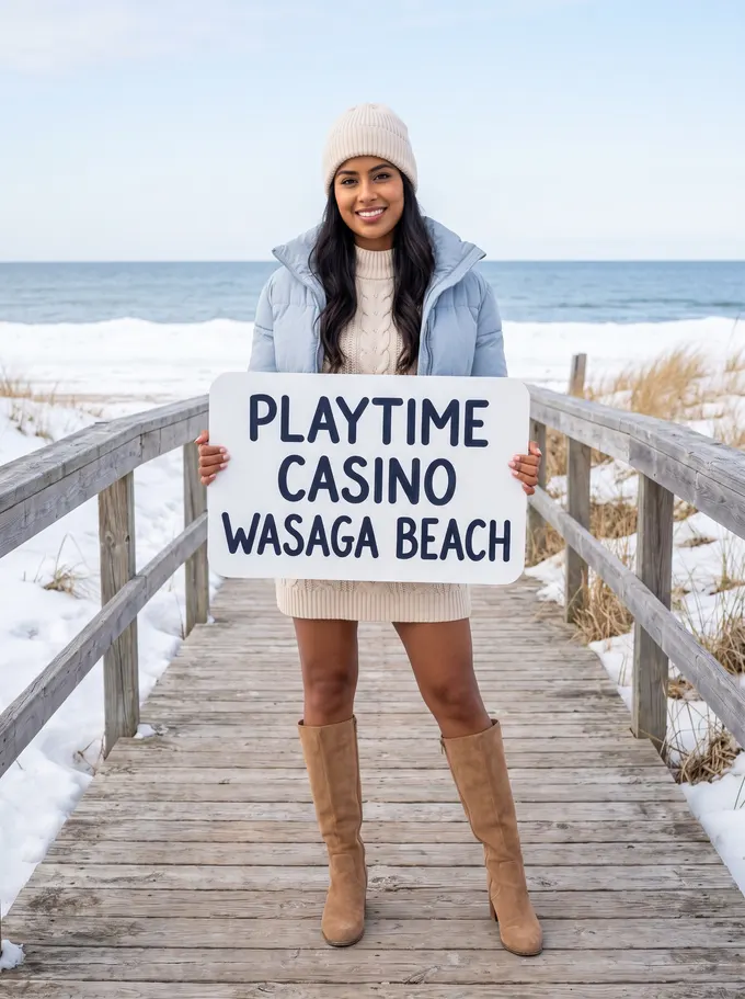 The same young woman in a cream knit mini dress, a pale-blue puffer jacket, a beanie and tan knee-high boots stands on a snowy beach boardwalk in winter, holding a sign that reads Playtime Casino, Wasaga Beach.